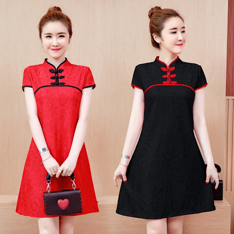 Fashion Improve Dress Short Sleeve Black Red Lace Summer Modern Qipao Slim Chinese Short Women Vintage Cheongsam National Style