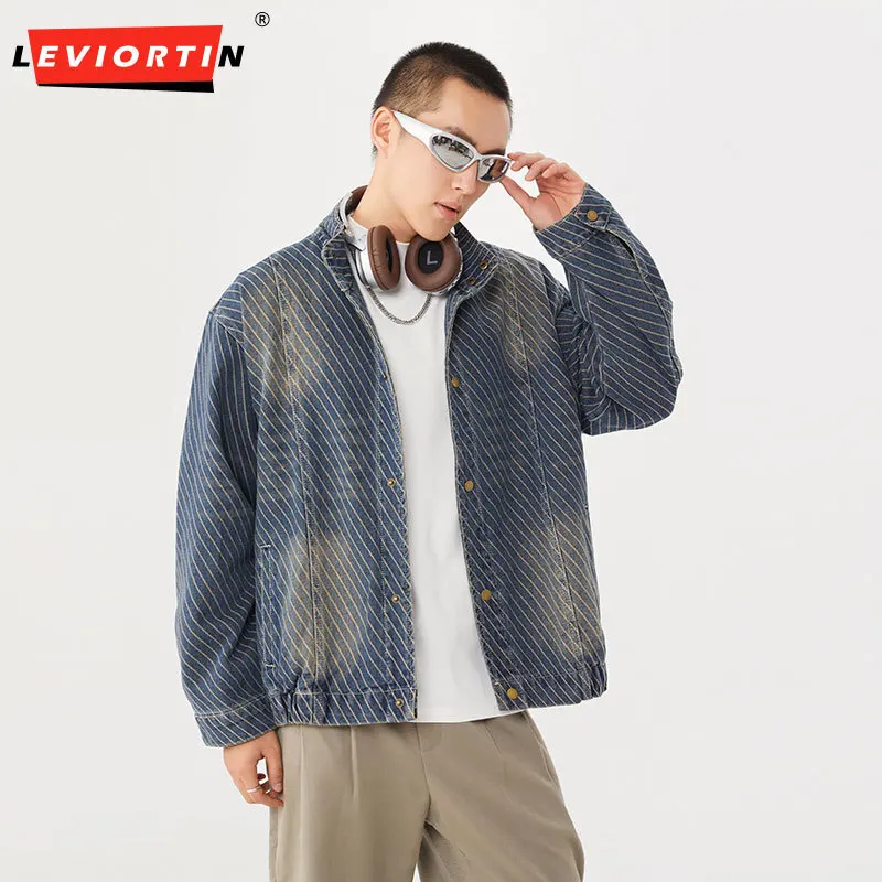 

High Street Men's Striped Denim Jackets Autumn Vintage Distressed Asymmetrical Jacket Retro Oversized Fit Casual Outerwear Coats