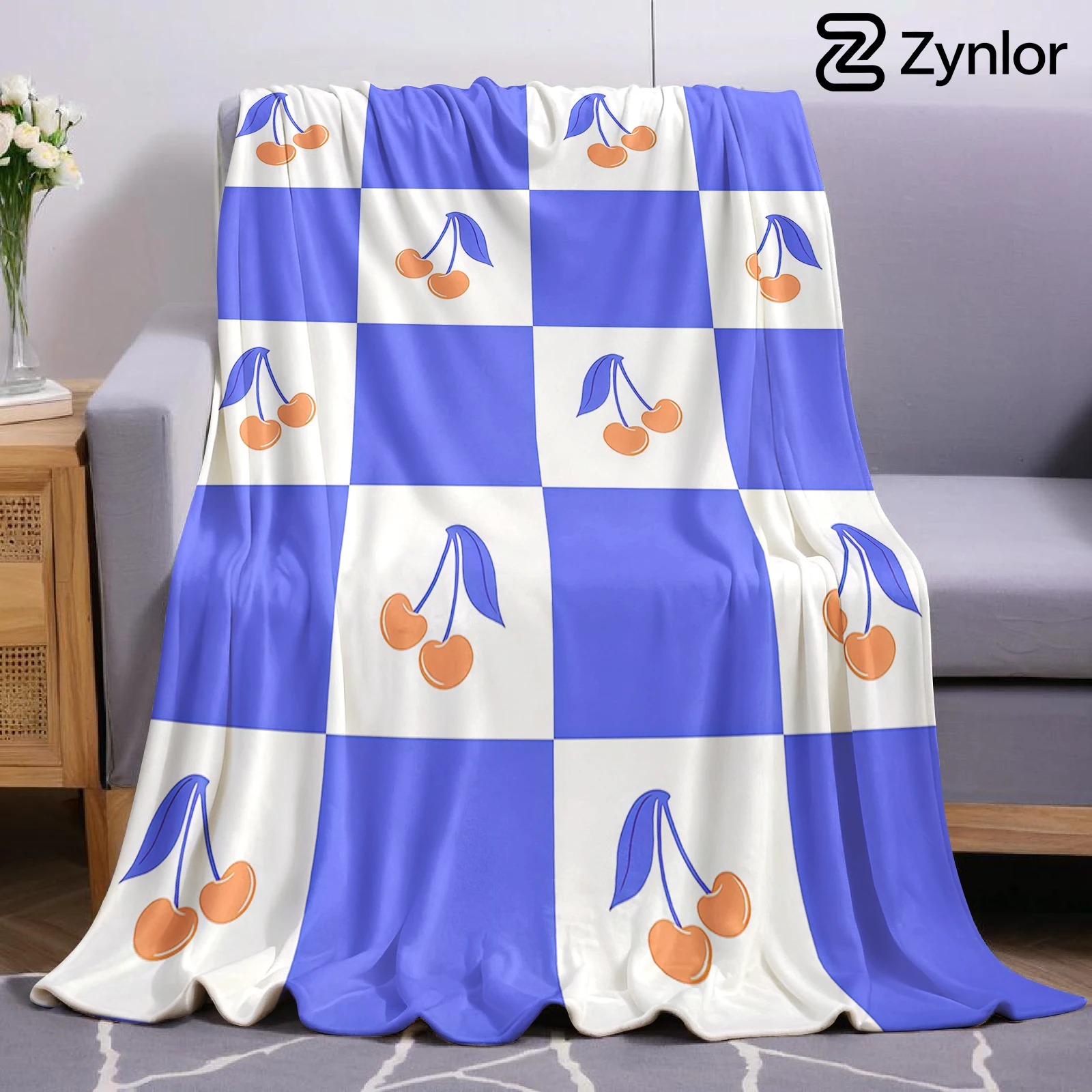Blue Check Cherry Cartoon Anime Print Flannel Blanket Soft Warm Throw for Kids Bedroom Sofa Bed Christmas Office Car