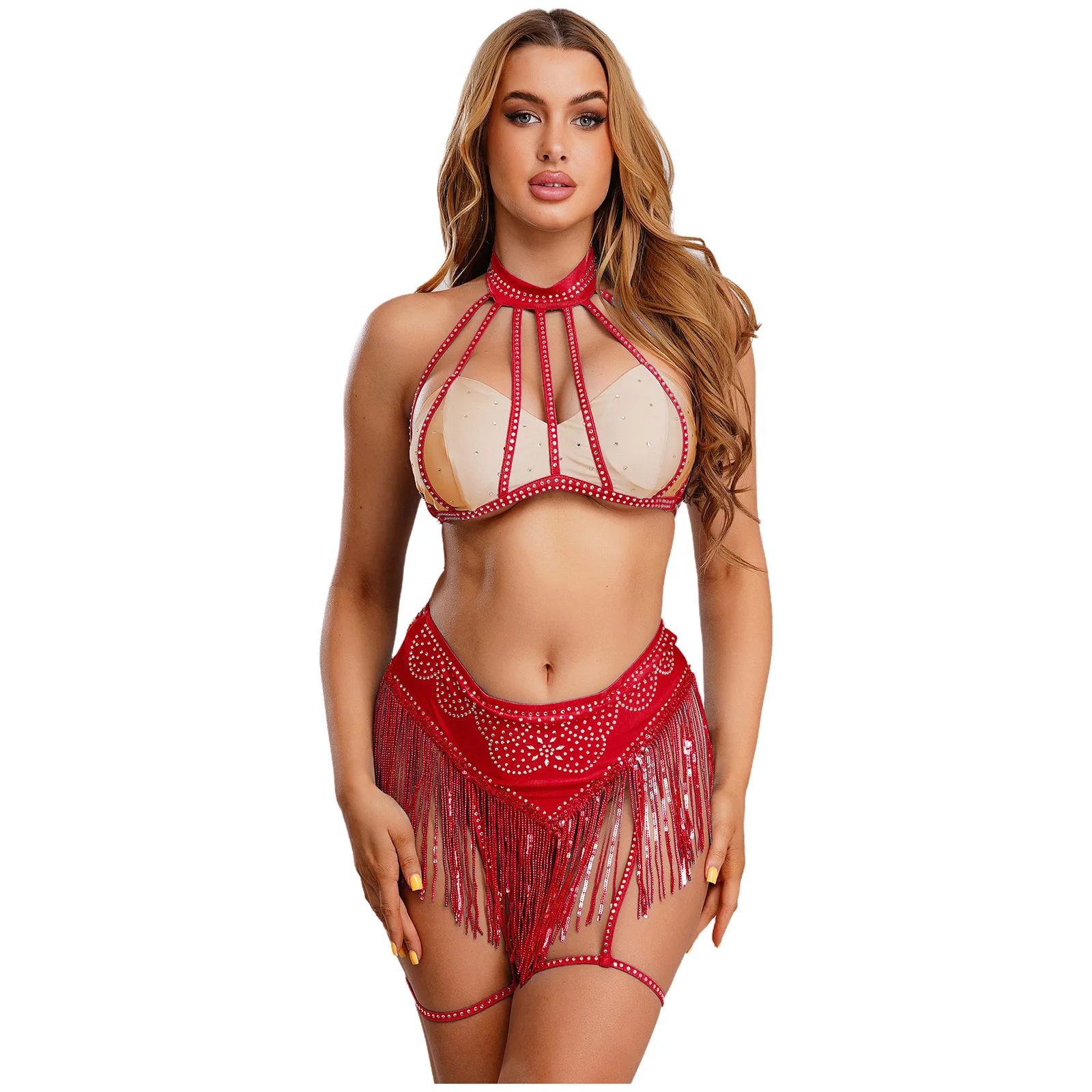 مجموعة أزياء الرقص الشرقي المبهر للسيدات مع قفص علوي قصير وتنورة قصيرة بشرابة ترتر مع أربطة رباط لمناسبات النادي #3