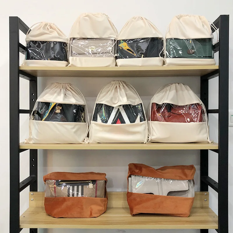 

Dustproof Handbag Storage Organizer Dust Cover Storage Bags Flannel with PVC Clear Window Drawstring Pouch Bag For Purses Shoes