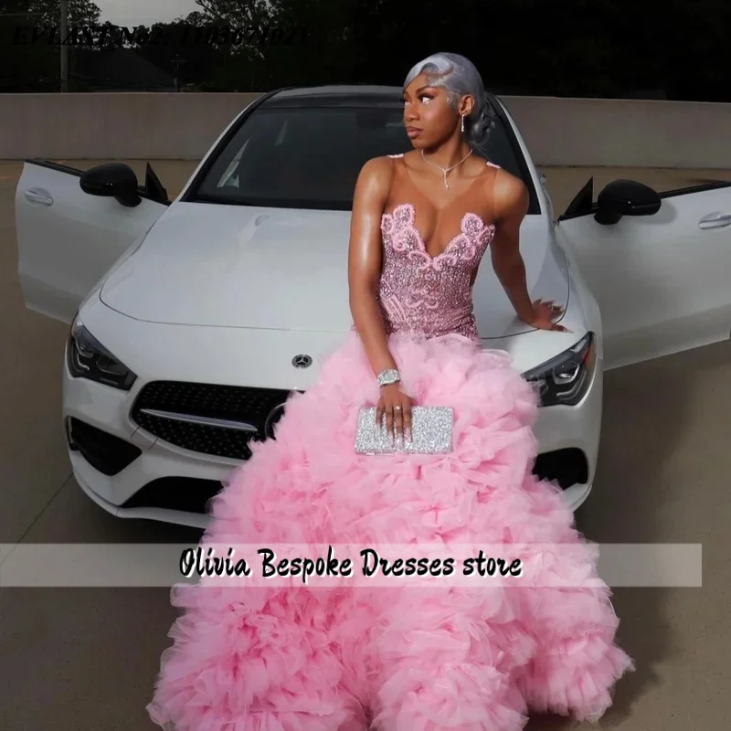 

Customized Pink Mermaid Ruffles Prom Dress BlackGirl Crystal Beaded Diamond Party Gala Gown Vestido De Festa