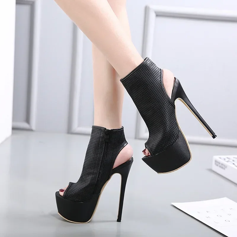 Luxury Woman Sandals Platform Pumps PU 16CM Thin Heels Summer ZIP Peep Toe Hollow High Heel Shoes Women’s Women Shoes