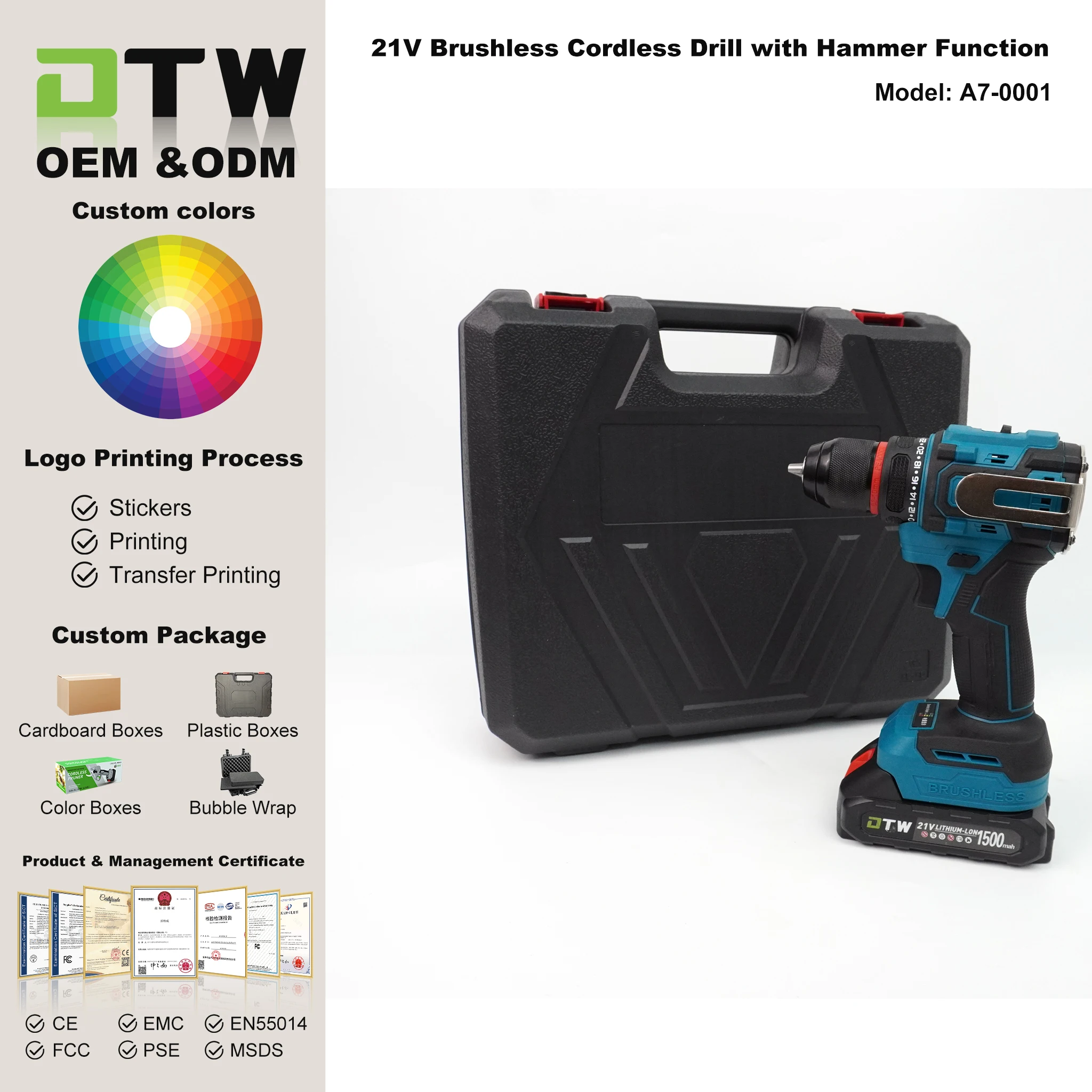 A7-0001 Professional High Torque Cordless Impact Drill 21V Brushless Motor Powerful Hammer Function Industrial Electric Driver