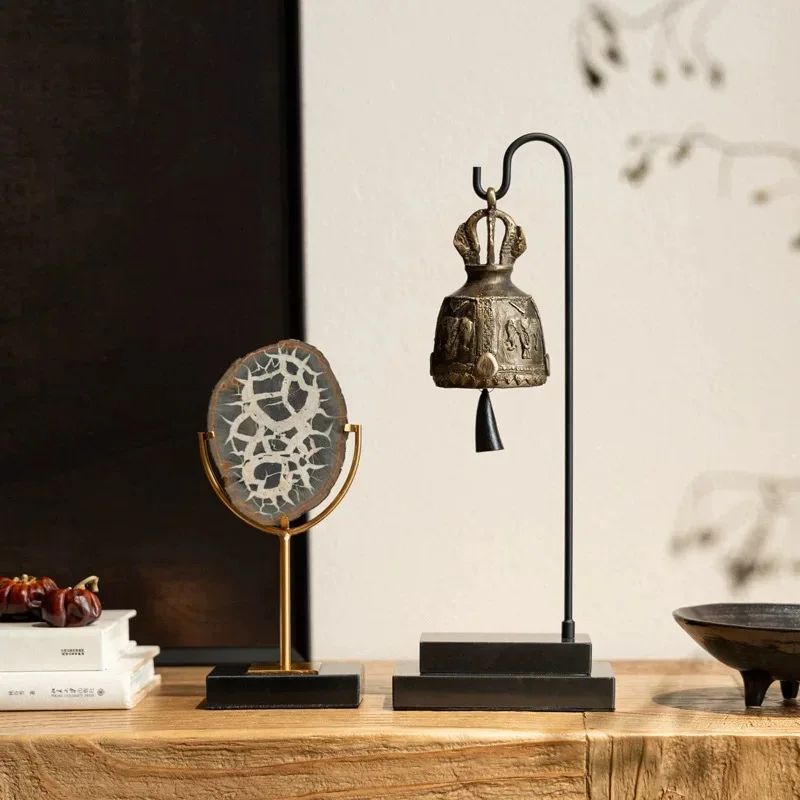 Wabi Sabi antique metal bell wood fossil high-end decoration club tea room zen crafts