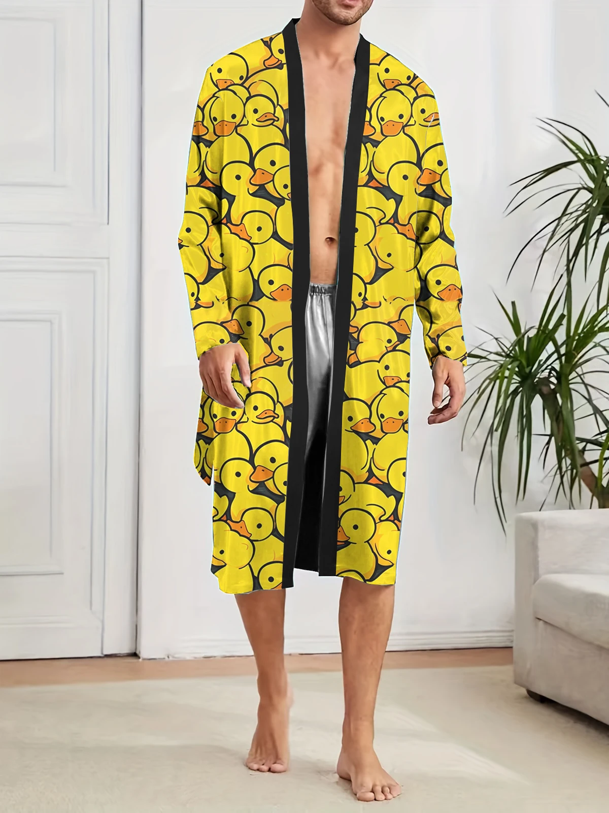 رداء طويل للرجال لربيع وخريف مع نمط بطة صفراء مطبوعة رقمية، رداء طويل غير رسمي مريح للمنزل، سريع الجفاف. #4