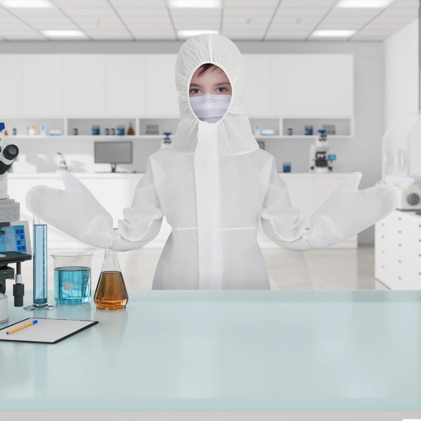 

Disposable Protective One-Piece Clothes White Size M Zipper Front Hooded Full Coverage Cover Glove Shoe Cover