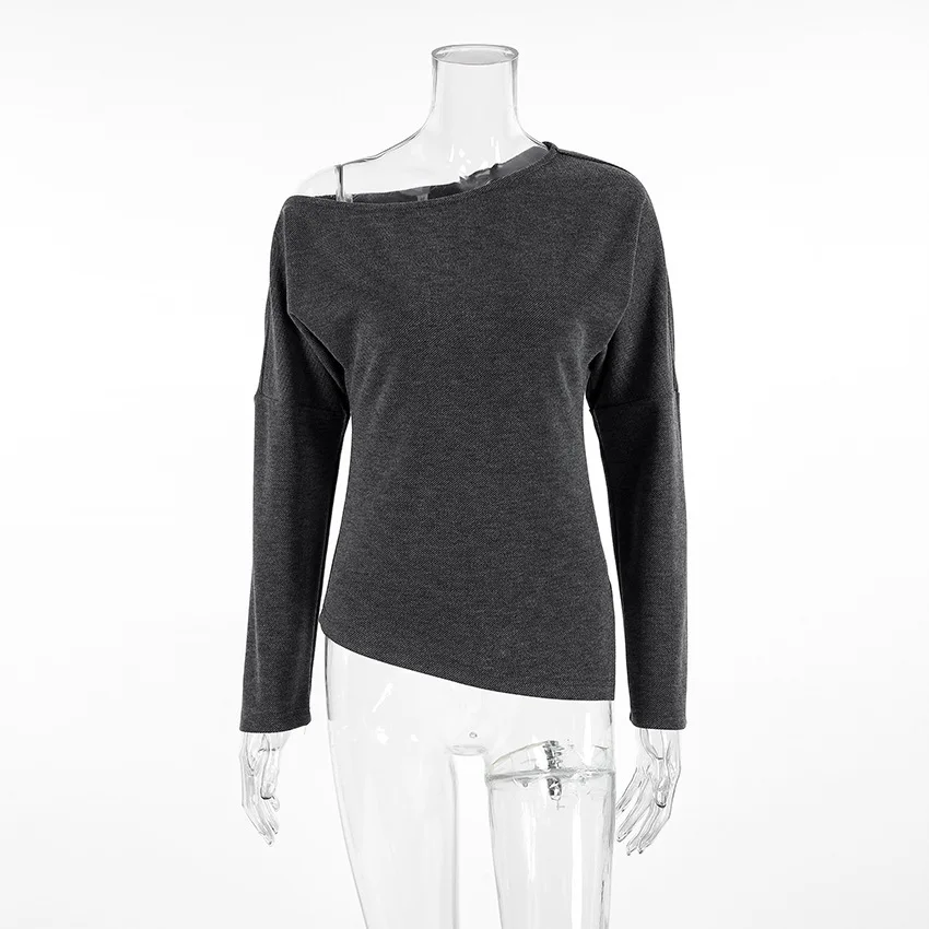 JHJN 캐주얼 여성 티셔츠 오프 숄더 우아한 블라우스 풀 슬리브 불규칙한 밑단 티셔츠 스플릿 세련된 오피스 레이디 풀오버 Y2k 탑스