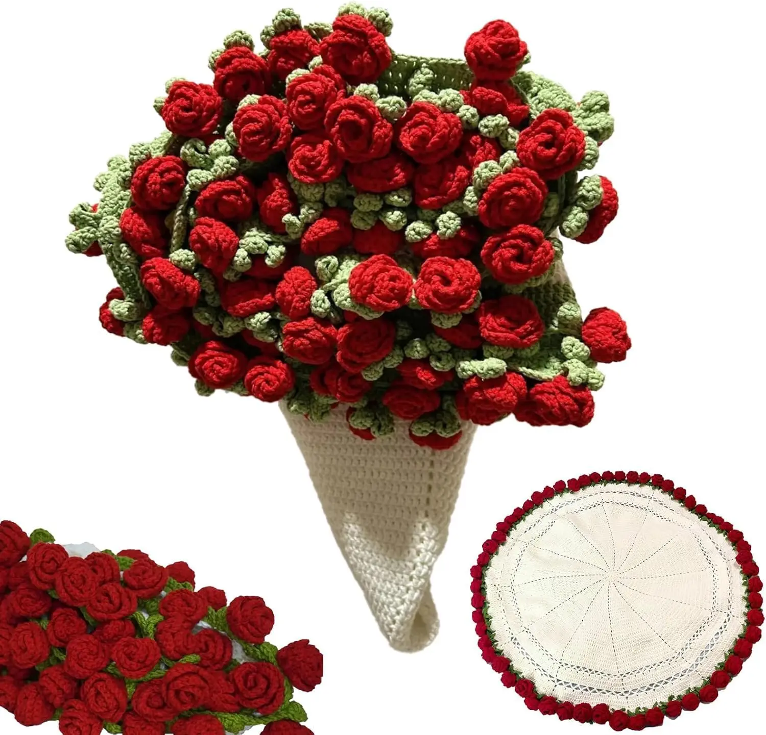 Rose Blanket Bouquet With Gift Bag（Random color）, Crochet Handmade Blanket of Roses For Valentine's Day and Mother's Day Gift