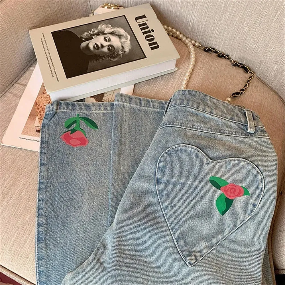 Goth Casual Loose Flowers Print Jeans Women Vintage Korean Chic Y2k Denim Pants High Waist Vintage Street Stright Denim Trousers