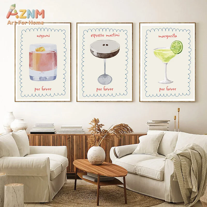 AZNM Wavy Border Classic Cocktail Canvas Wall Art Negroni Margarita Martini Print Bar Kitchen Home Decor Poster Unframed