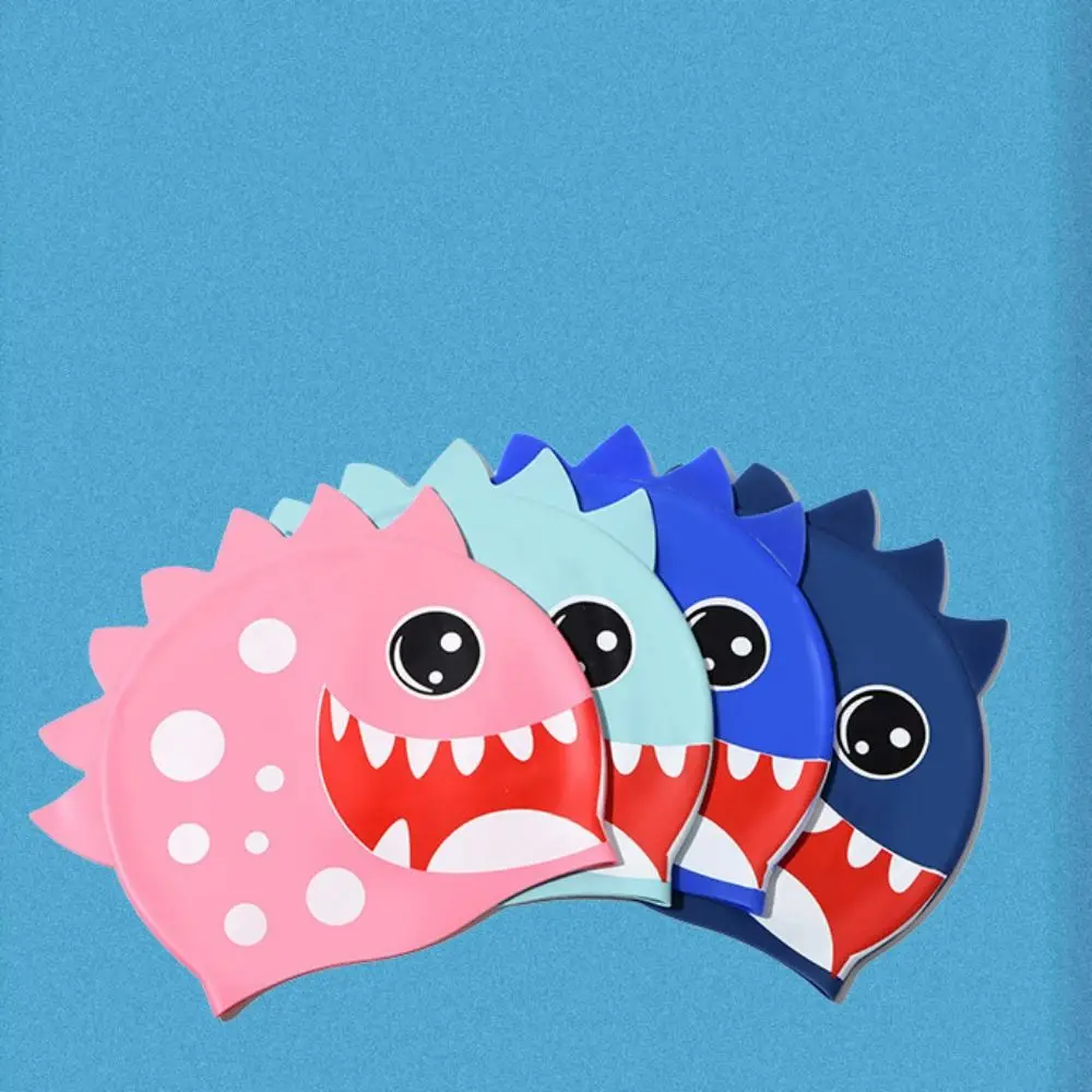 Детская шапочка для плавания с изображением акулы, силиконовая шапочка для плавания с длинными волосами, защита ушей, водонепроницаемая шапочка для плавания с принтом