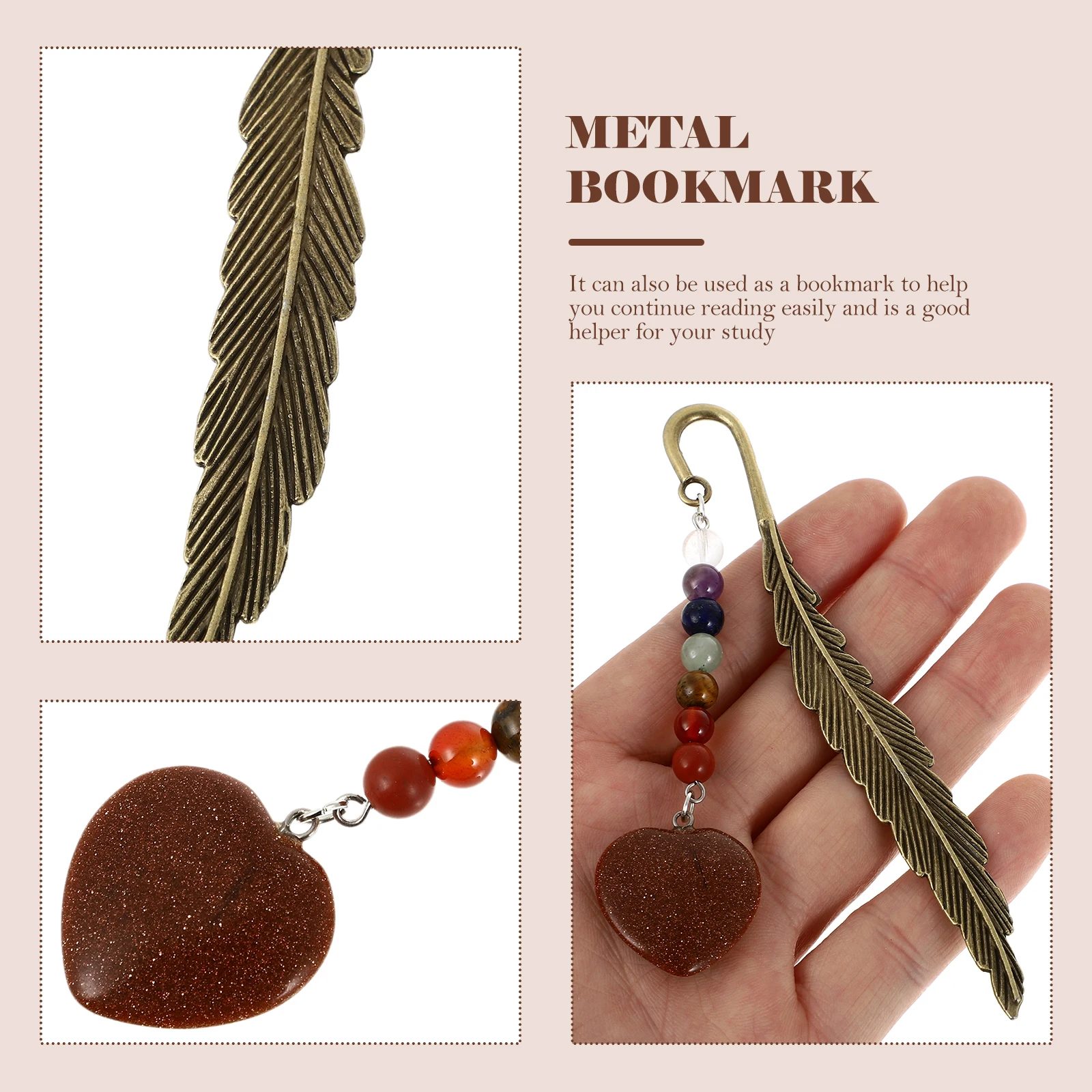 

Metal Stone Bookmarks Natural Iron Decor Colorful Bronze Red Pendant Bookmark for Women Studying Aid Decorative Page Marker