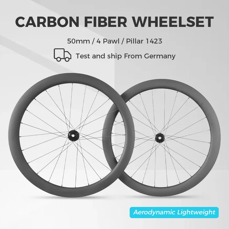 Set di ruote da strada in carbonio da 50 mm Ruote da freno a disco da 20/28 mm di larghezza 700C 4 mozzi a nottolino Tubeless Copertoncino Ruote per bici Pilastro 1423