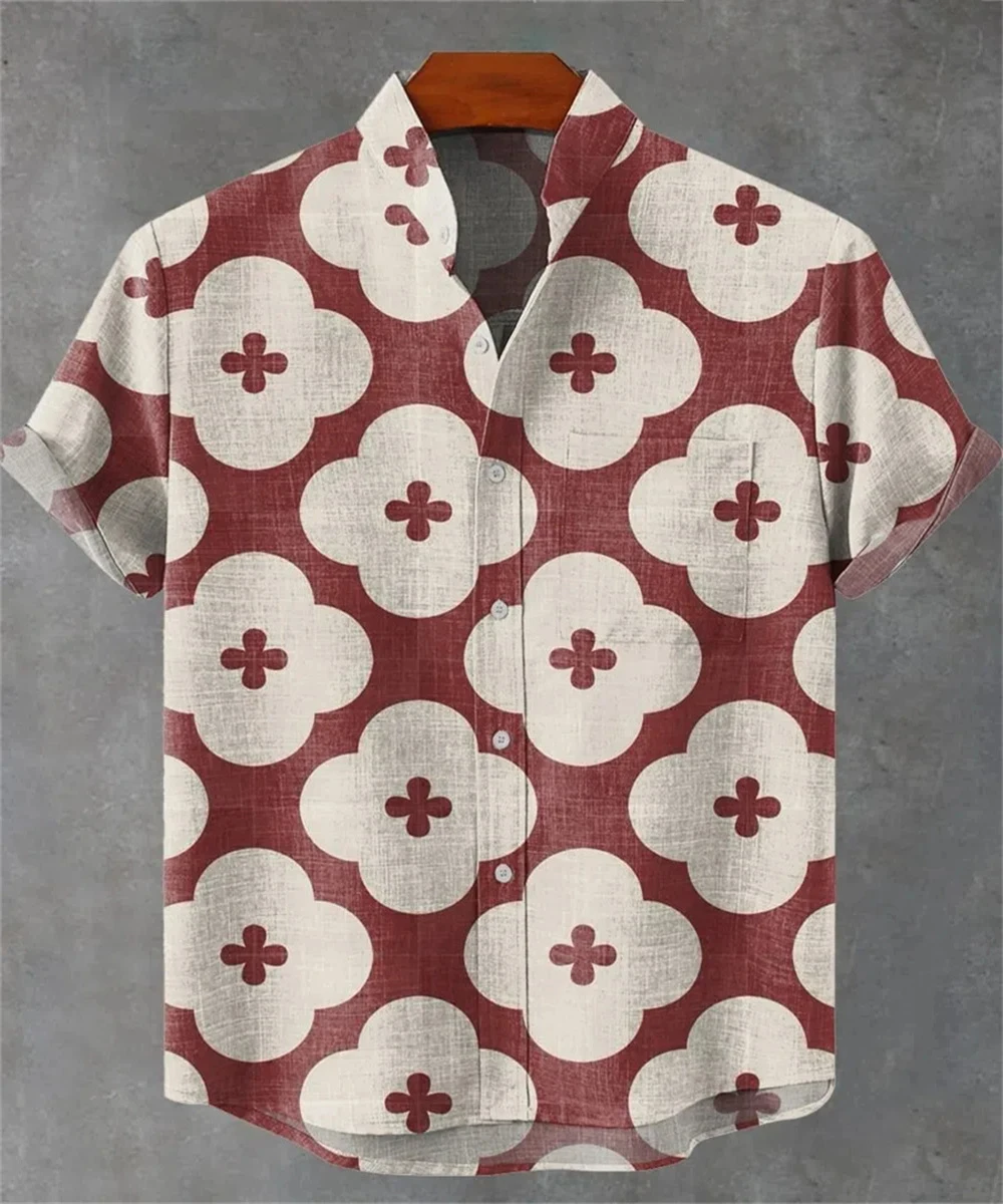 Mens Summer 2025 Comfortable Linen Short Sleeve Shirt Elegant Symmetrical Graphic Print Mens Casual Stand Collar Top