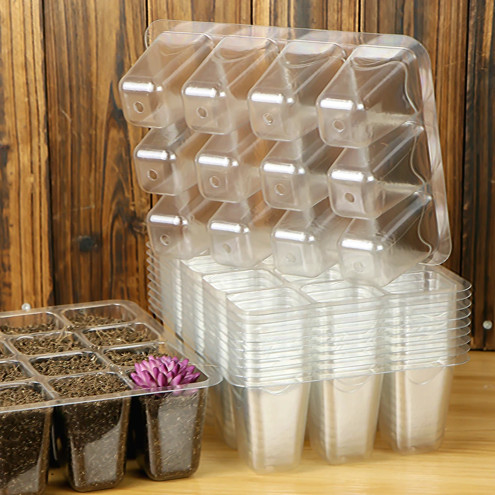 12-cells Plastic Nursery Seedling Trays for Greenhouse Indoor Garden Plant Growth Seed Starting Pots Transparent Germination Box