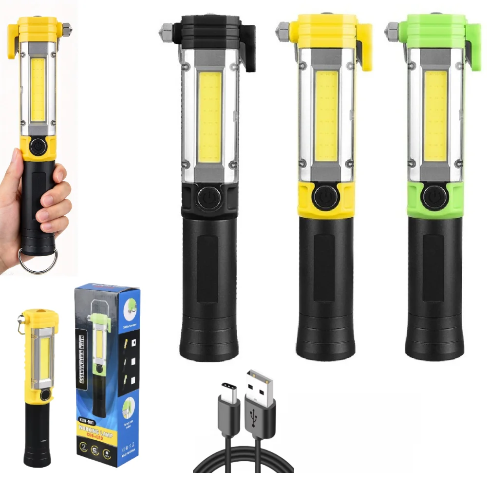 Car Emergency COB Work Light Rechargeable LED Torch with Strong Magnetic Suction Window Breaker for Vehicle Repair