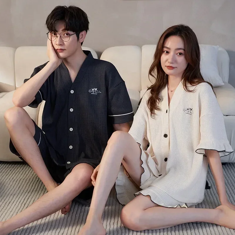 Waffle Couple's Shorts New Pajama Sets Summer Fashion Sleepwear For Pijamas Korean Young Loungewear Pajamas Cotton Casual