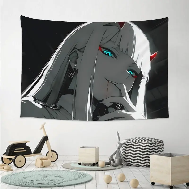VIKAMA Dark Anime Tapestry White Hair Demon Girl Red Horns Blue Eyes Gothic Manga Wall Hanging for Bedroom Dorm Room Decor