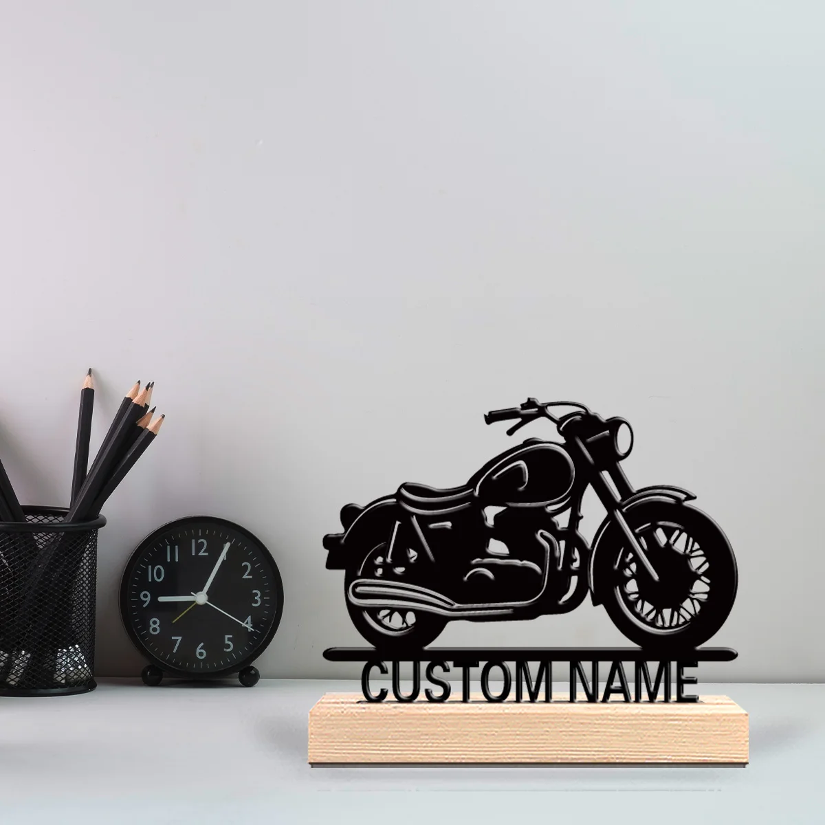 1pc Fashion Motorcycle Personalized Text Metal Statue Metal Ornament Art Figurine With Wood Base Metal Ornament Home Table