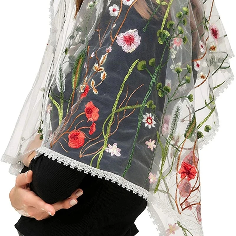 Church Shawl Wraps Women Hijab Embroidered Floral Shawl Floral sheer Shawl