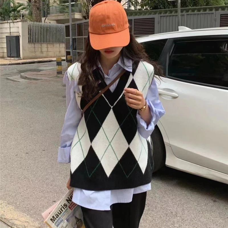 Argyle سترة سترة للنساء المتضخم الخامس الرقبة متماسكة سترة بلا أكمام البلوز تانك القمم الربيع الصيف 2026 اسكواش الزي #6