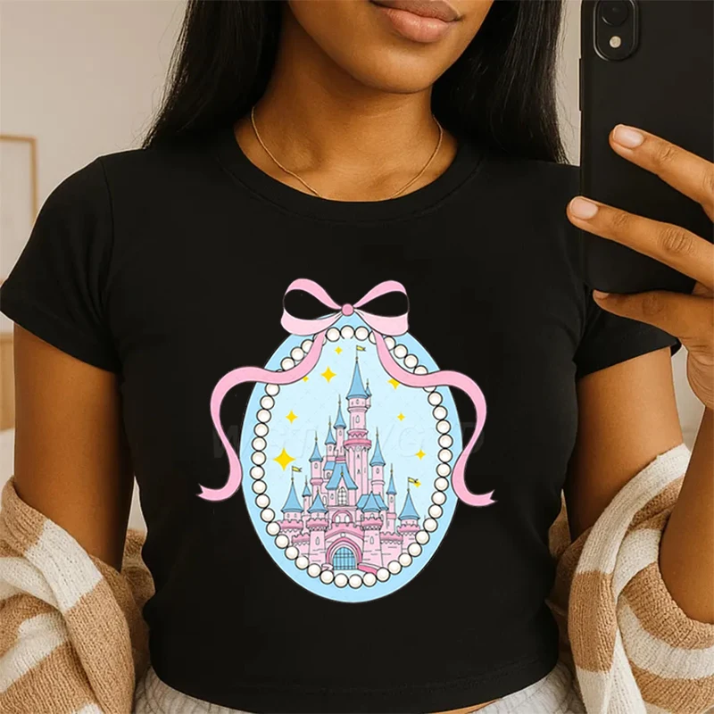 

Cartoon Castle Print Short Sleeve Tshirt Happiest Place Crop T Shirts Streetwear Cotton Crop Tops Vacation Fashion Casual Tops