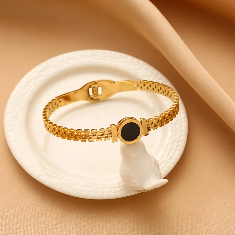 Fashion Bracelet For Women Black Acrylic Stainless Steel Couple Bracelet Carved Roman Numerals Girl Gift - Image 5