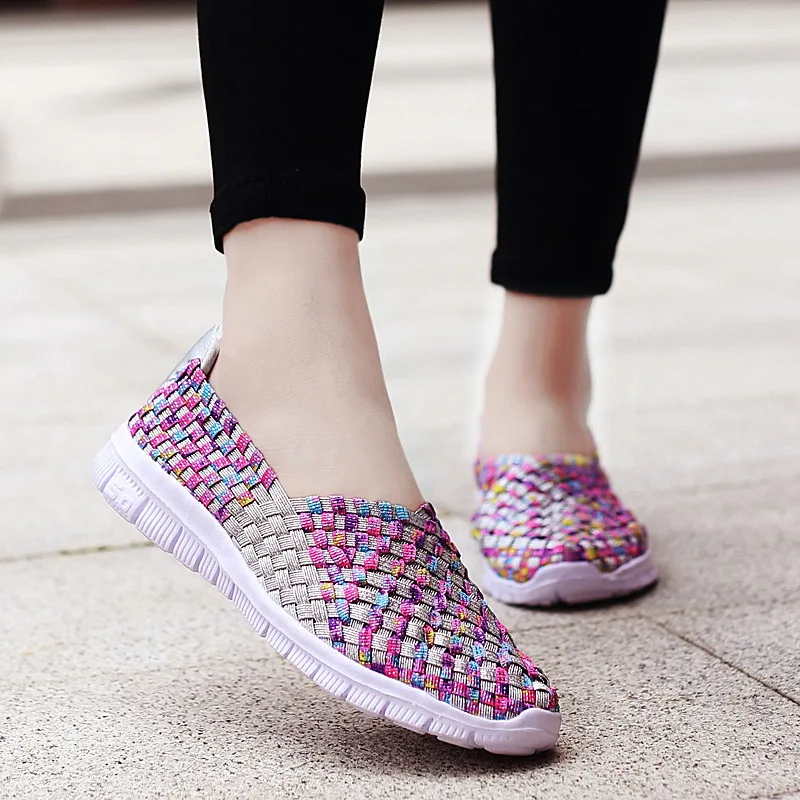 Women Sneakers Summer Breathable Lightweight Slip on Women Flat Shoes Female Loafers Manual Woven Shallow Women Casual Shoes