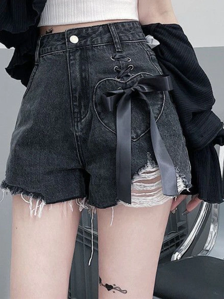 Summer Blue Y2k Elegant Denim Shorts Women Bow Bandage French Vintage Jeans Female Tassel Hole Japanese Casual Trousers 2023 New