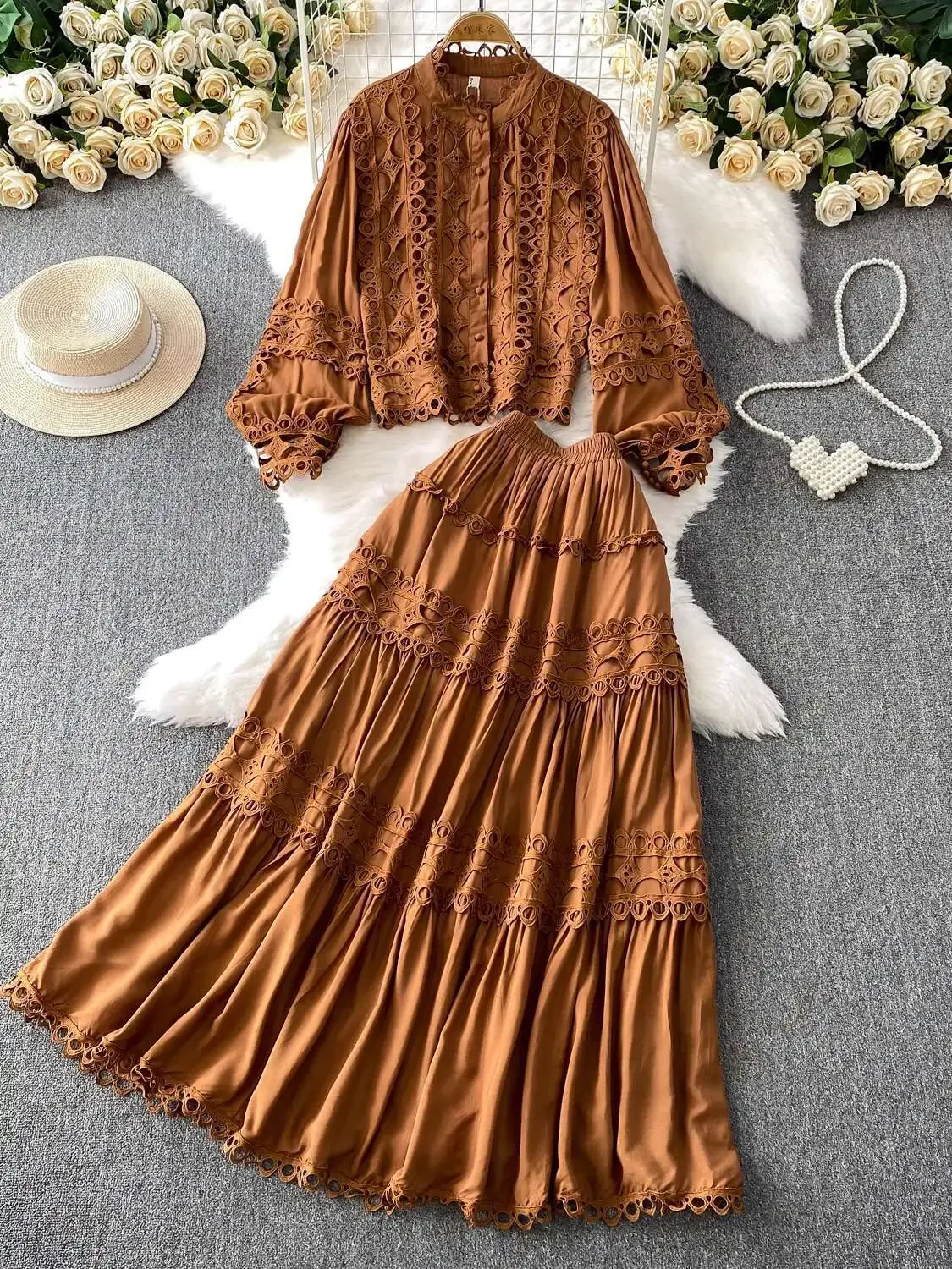Elegant Long Dress 2 Piece Set Women Summer Autumn Muslim Single Breasted  Crochet Shirts Elastic Waist Long Maxi Skirt Suits - AliExpress 200000345