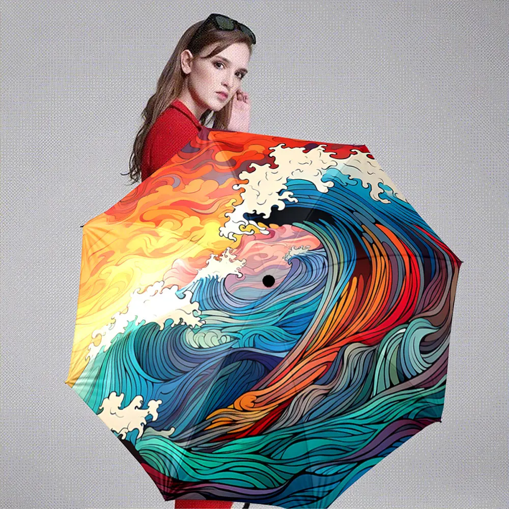 Abstract Ocean Waves Art with Vibrant Sunset Colors portable waterproof sun rain umbrella for outdoor travel beach