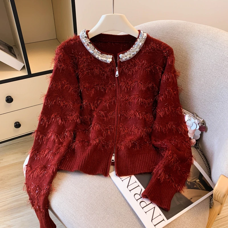 

2025 New Lazy Style Women Chic New Tops Autumn Winter Knitting Tassel Sequing O Neck Long Sleeve Zipper Casual Cardigan Sweater