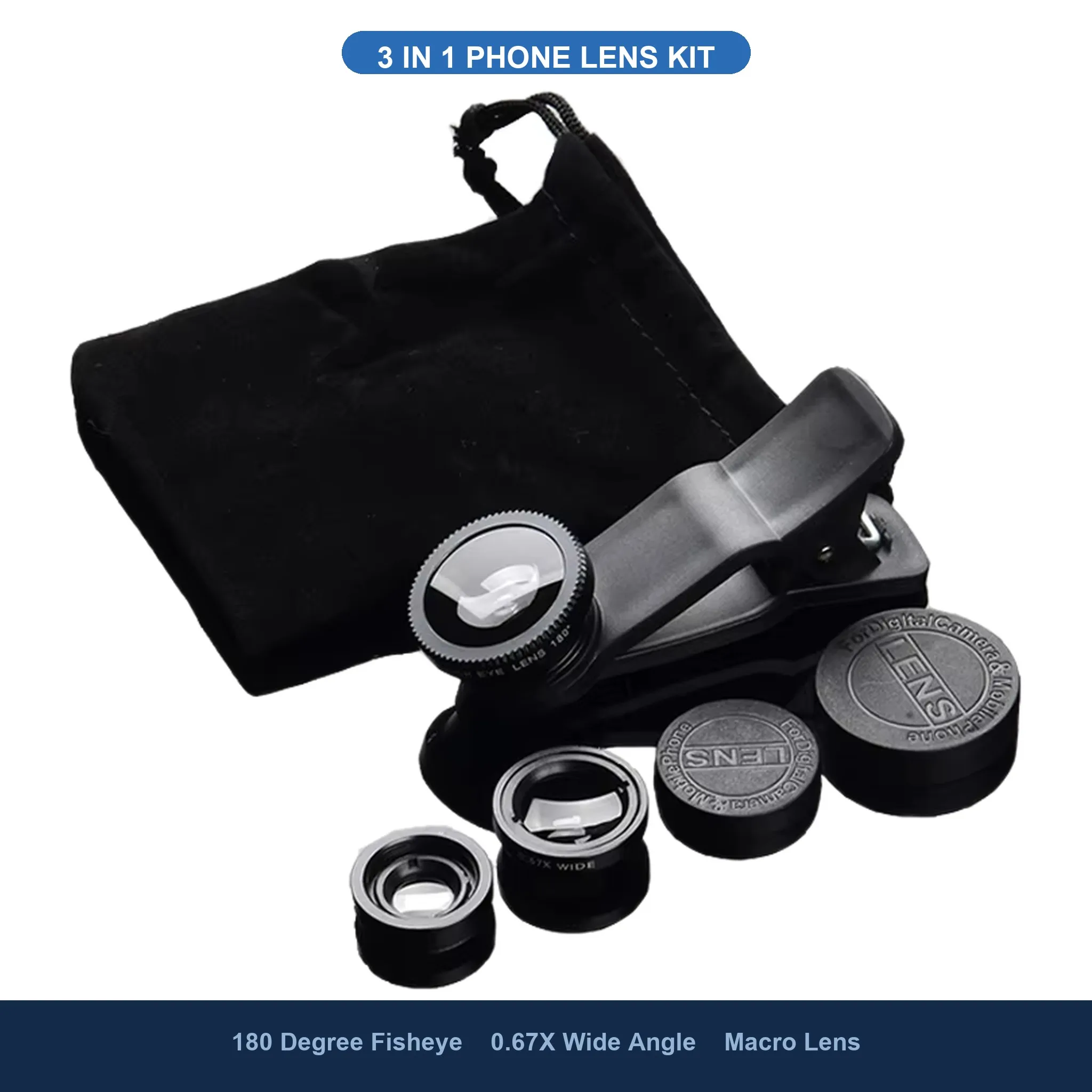 3 in 1 Phone Lens Kit 180 Degree Fisheye 0.67X Wide Angle Macro Clip on Camera Lens for iPhone Samsung Android Smartphone