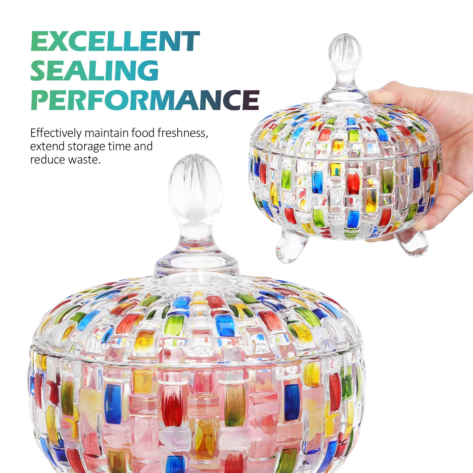 Striking Color Contrast Woven Glass Candy Jar with Tight Seal Lid Functional Decorative Storage for Sweets Biscuits Trinkets