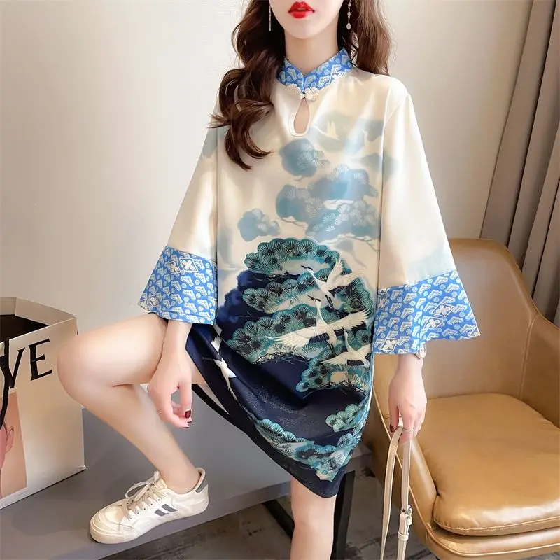 Summer New Oversized Dress with Stand-up Collar Printed Short Cheongsam Fashion Casual Korean Version Commuter Versatile Middle