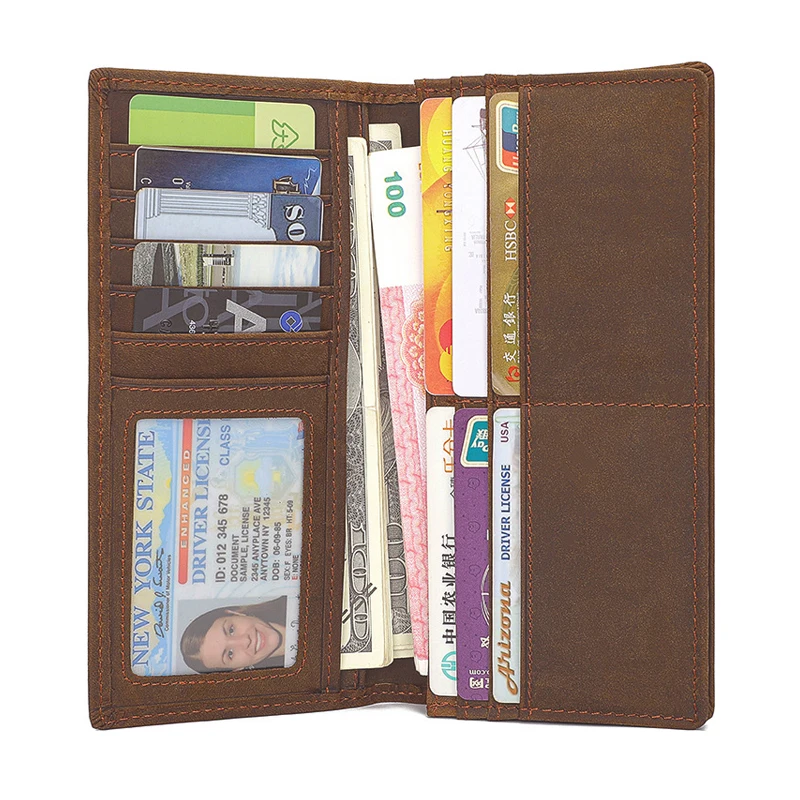 

Vintage Leather Men's Wallet with Multiple Card Slots and Cash Clip - Crazy Horse Long Wallet