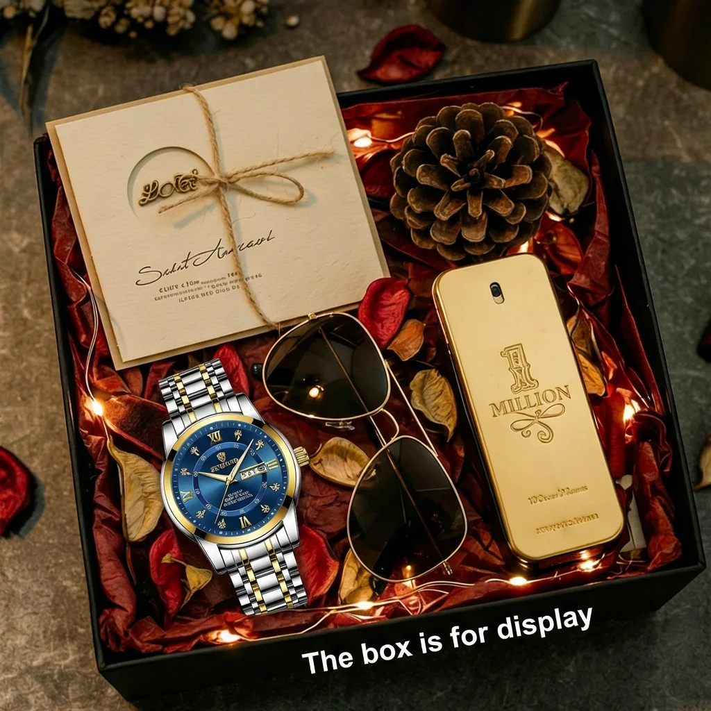 4pcs Men's Blue & Gold Stainless Steel Classic Diamond Accent Roman Numeral Quartz Watch Gift Set with Sunglasses Perfume