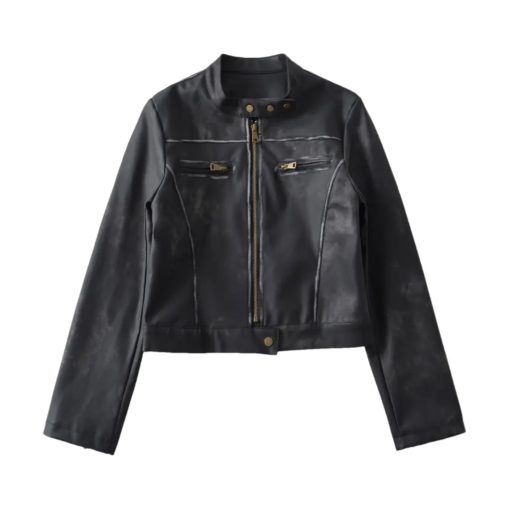 Chaqueta de cuero lavada desgastada Retro para mujer, abrigo corto ajustado con cuello levantado, estilo europeo americano, nuevo otoño