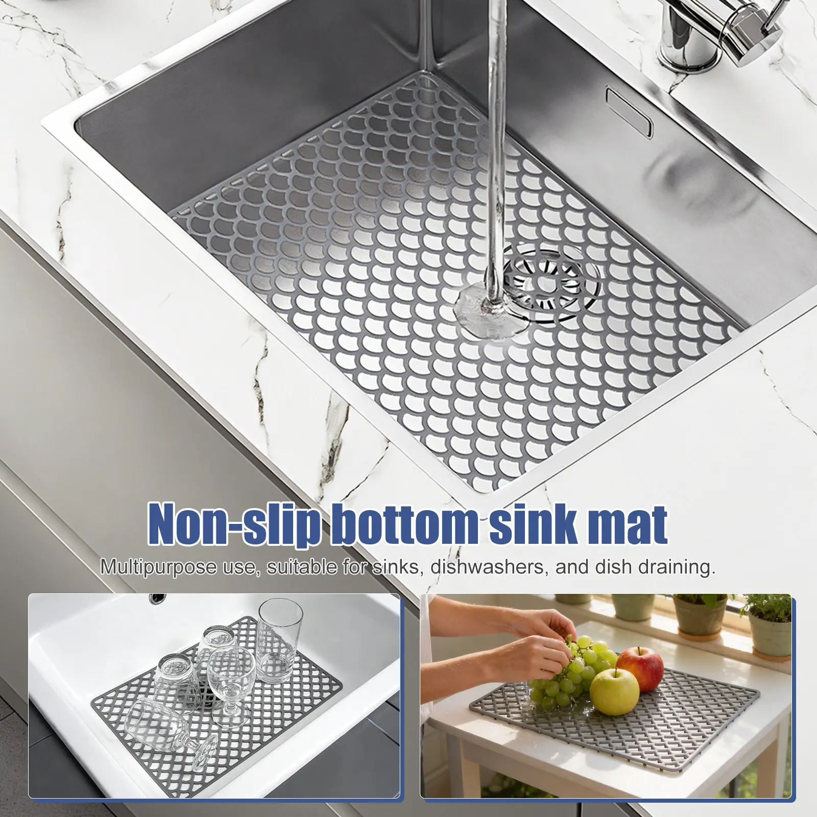 

Kitchen Sink Mat Silicone Heat-Resistant Non-Slip Farmhouse Sink Grid Protector with Rear Drain Holes Wave Texture 18.11x12.48in