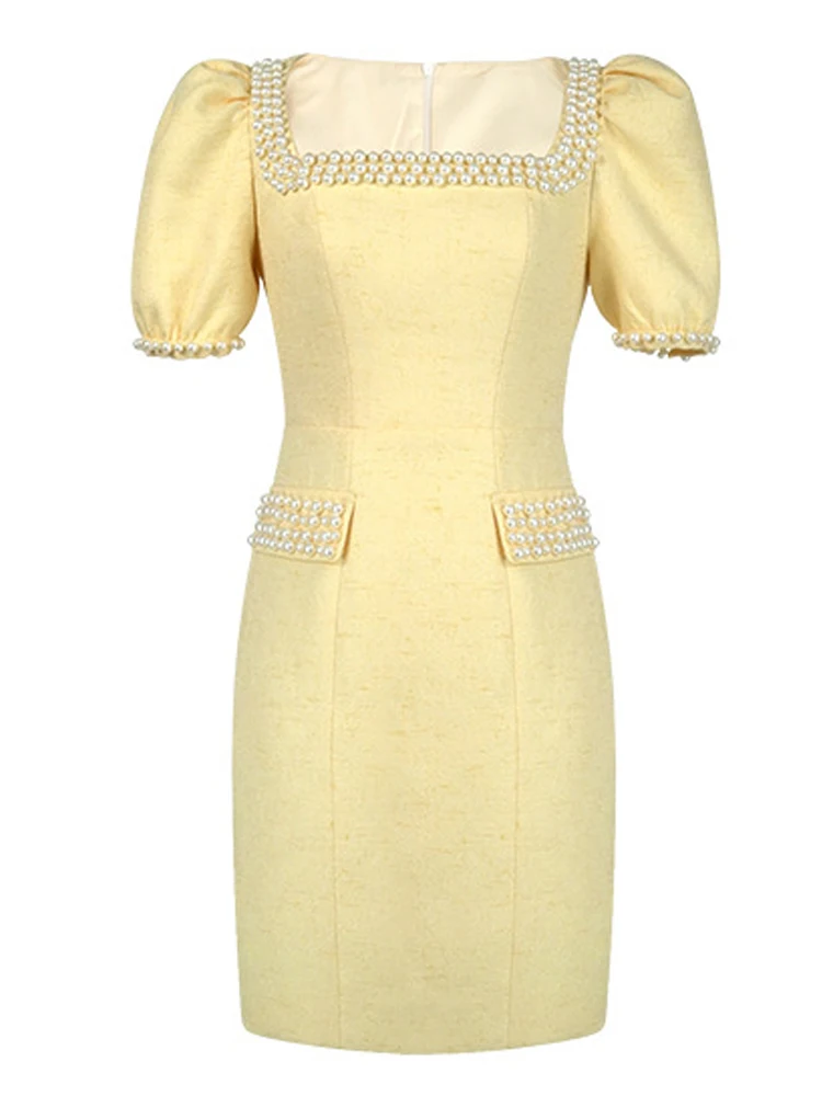 Vestido de fiesta amarillo romántico francés para mujer, bonito vestido corto con cuentas de perlas y manga de burbuja para cita, Vestidos de graduación de cumpleaños para mujer