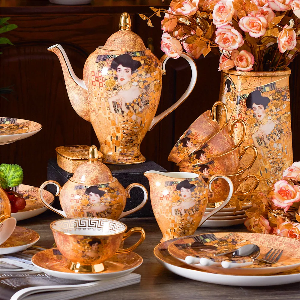 الفاخرة الخزف فنجان شاي طقم أطلس كليمت أديلا طقم أدوات القهوة العظام الصين إبريق قهوة مقشدة وعاء السكر إبريق الحليب كعكة حامل الرف #4