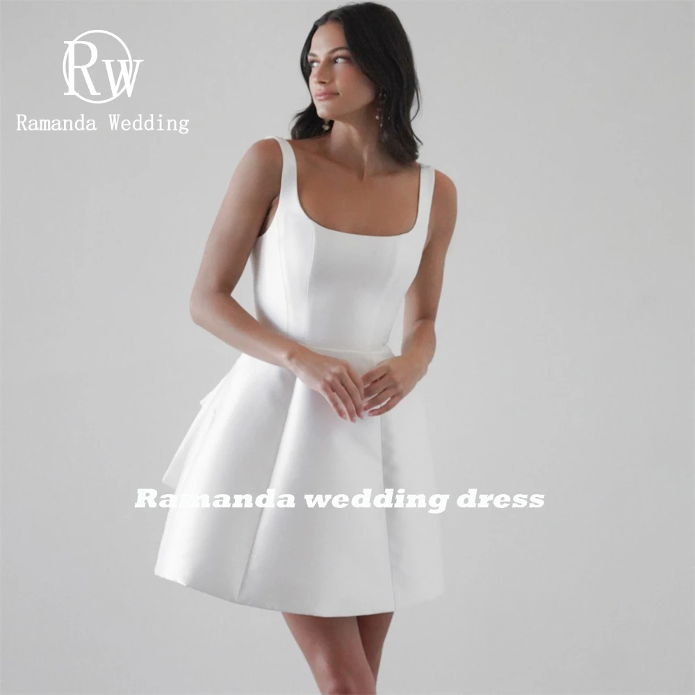 Ramanda Simple arco cuello cuadrado por encima de la rodilla Mini vestido de novia tirantes espagueti Hobo espalda descubierta elegante vestido de novia hecho a medida