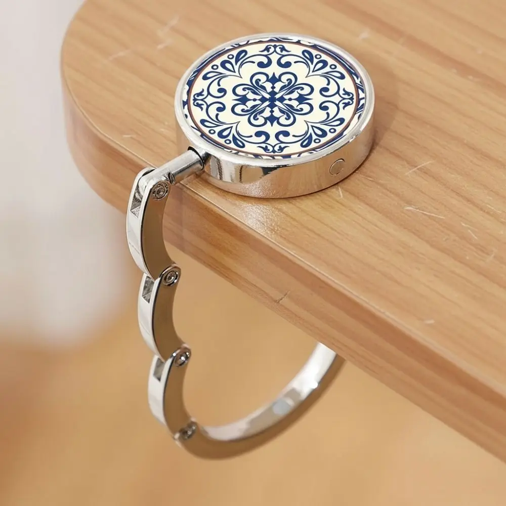 Blue-and-White Porcelain Pattern Table Handbag Hook Zinc Alloy Folding Desktop Handbag Holder Non-slip Back Round Handbag Rack