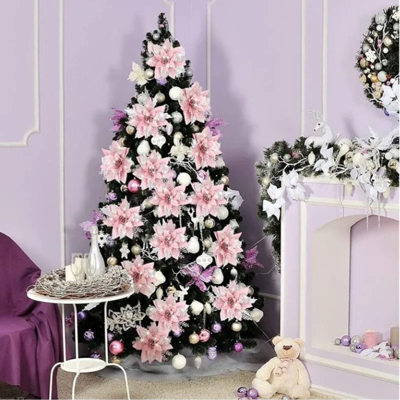 2024 Glitter Pink Christmas Flowers Xmas Tree 14cm Artifical Flower Ornaments Merry Christmas Decoration For Home New Year