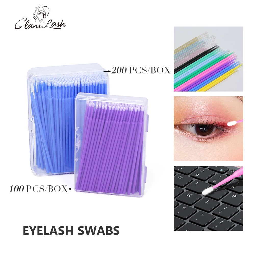 Glamlash 100/200Pcs Micro-Borstels Doos Individuele Applicators Wimper Mascara Toverstokken Wegwerp Lash Extensie Make-Up