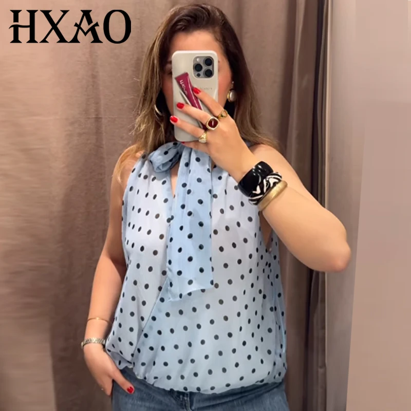 HXAO Blaues Polka-Dot-Top für Damen, Sommer 2026, Boho-Chic, bauchfreies, ärmelloses Tanktop mit V-Ausschnitt und Schnürung, modische Urlaubs-Streetwear-Westen