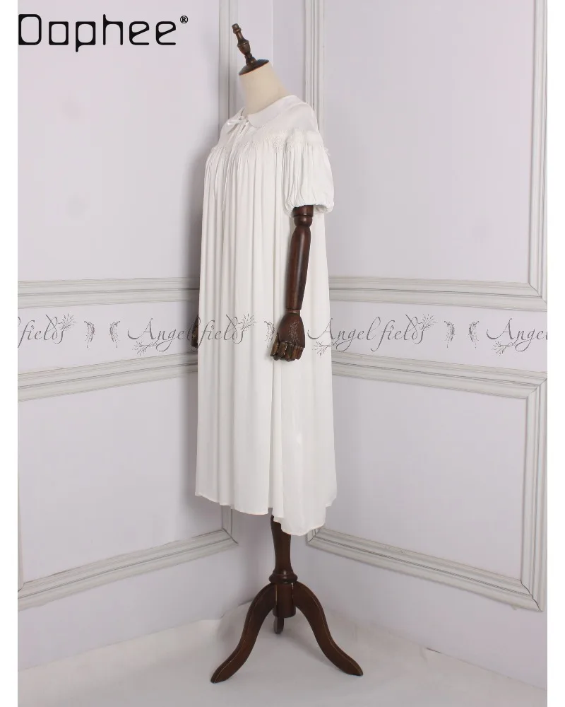 Vintage Sweet Adorable Girl's V-neck Nightgown with Lace Ruffles Pleated Short Sleeves Loose Comfortable Casual Women's Homewear