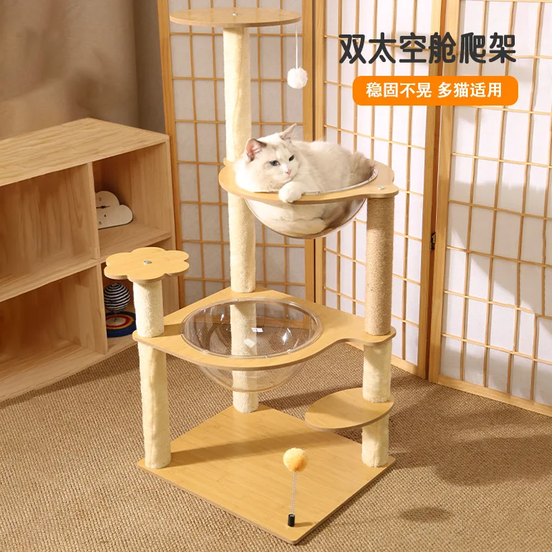 Multi-Level Cat Tree House with Space Capsule Climbing Post Sisal Scratcher Hanging Toy Durable Cat Condo Furniture Indoor Cats