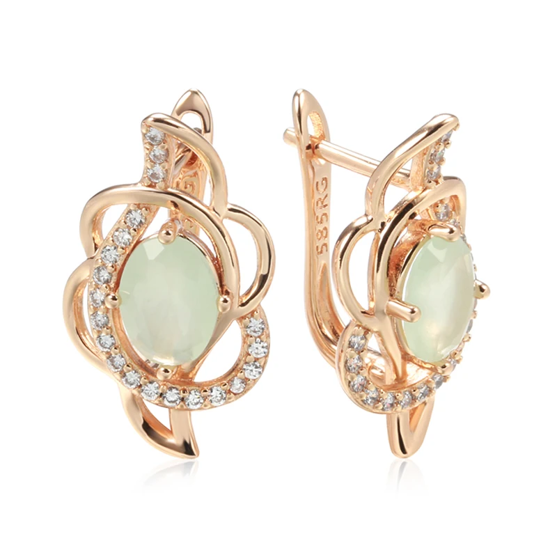 Kinel New Emerald Oval Cut Zircon Earrings 585 Rose Gold Color Clip Earring Inlay Natural Zircon Crystal Flower Party Jewelry